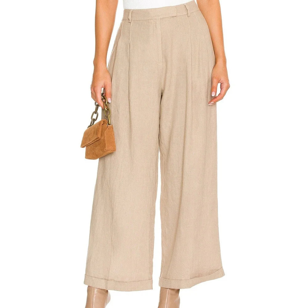 Free People Lyla 100 % Linen Wide Leg Pants In Sand Size 8 NWT
